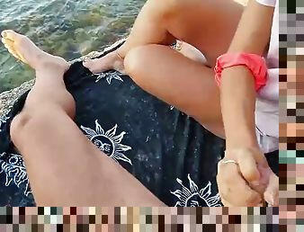 Flashing my cock in front of a hot teacher on a public beach and helping me cum - very risky with a stranger next to MsCrimie