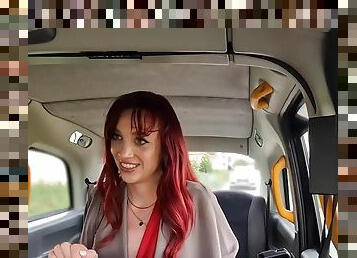 Redhead taxi fucked in the car outdoors by a taxi driver