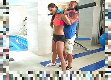 Super-fit young brunette gets rammed by her yoga coach