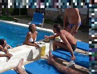 Amazing outdoors orgy by the pool with charming Massy Sweet