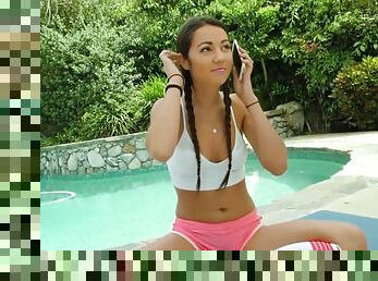 Lily Adams naughty newcomer teen loves tossing a salad for new boyfriend Mike Hunt, outside by the pool!