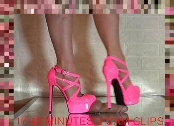 Mistress Elle tortures her slave's cock with her pink high heels