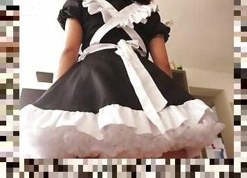 A pretty maid practices for her next presentation. Do you want to see what's under her skirt?