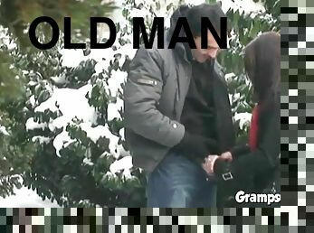 Teen fucks old man cock in public