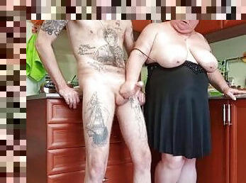 mother-in-law with big tits saw my standing cock and began to masturbate it until I cum