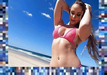 Fit solo model Scarlet Chase drops her bikini to masturbate on a beach