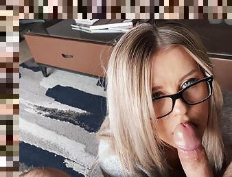 Fit blonde Jessica with glasses moans while riding a hard dick