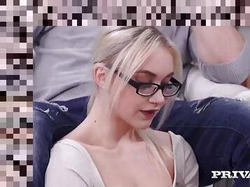 Nerdy blonde gives an amazing blowjob to her horny teacher