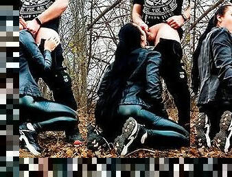 Ponytail Girl in a Leather Outfit Sucks Cock in the Forest and Takes Cum on Her Face - Vertical Vid