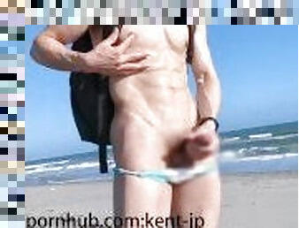 ??????????????????????????Muscular Japanese man fertilizes the sandy beach. outdoor masturbation