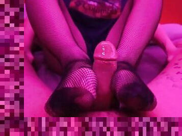 Nylon Footjob with small fishnets best feet