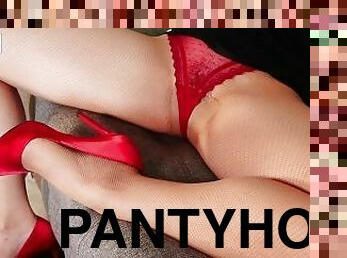 Ruby red stilettos gets me so wet, I soak my sexy fishnet pantyhose