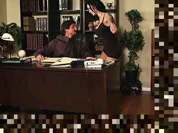 A guy fucks his hot cougar secretary on his desk in the office